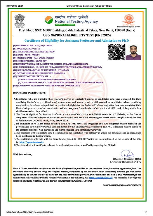 UGC NET (Assistant Professor & Ph.D.) Certificate